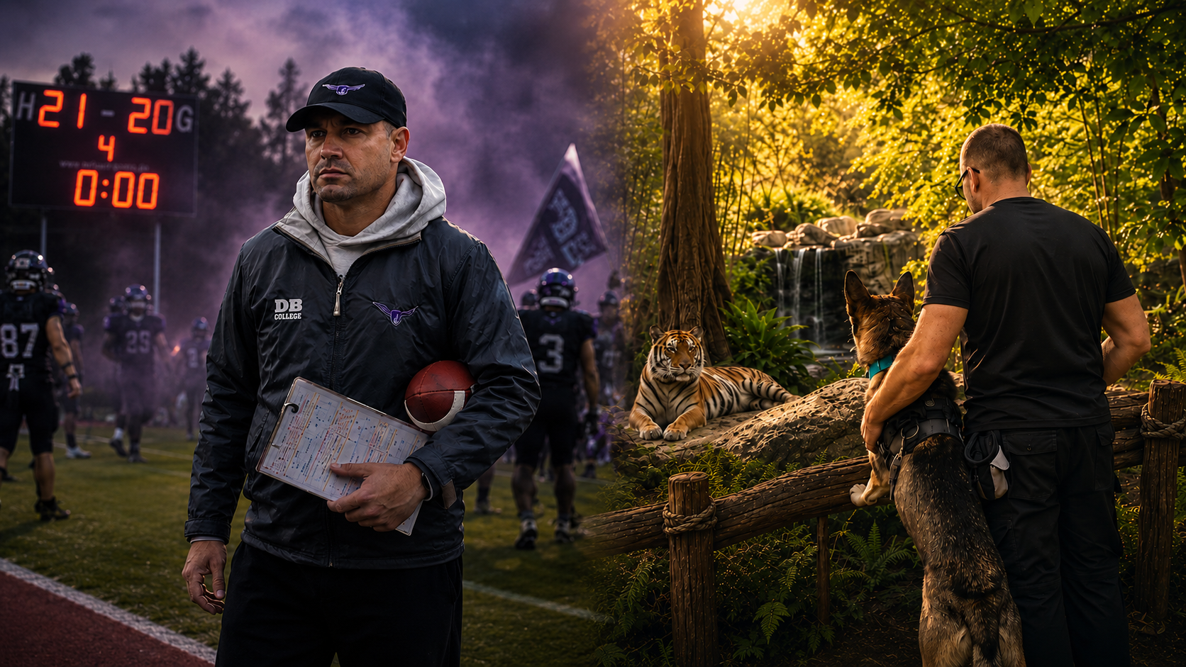 Frank Heisterberg als Coach am Spielfeld und im persönlichen Umfeld mit Hund vor einer Tieranlage